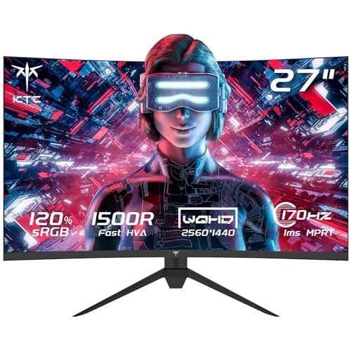 KTC 27 inch Gebogen Gaming Monitor, 170 Hz Gaming Monitor, QHD 2K 2560 x 1440 1440p, 1ms, HVA 1500R frameloos, 120% sRGB, HDR10, FreeSync & G-Sync, blauw licht reducerend display, DP, HDMI, H27S17