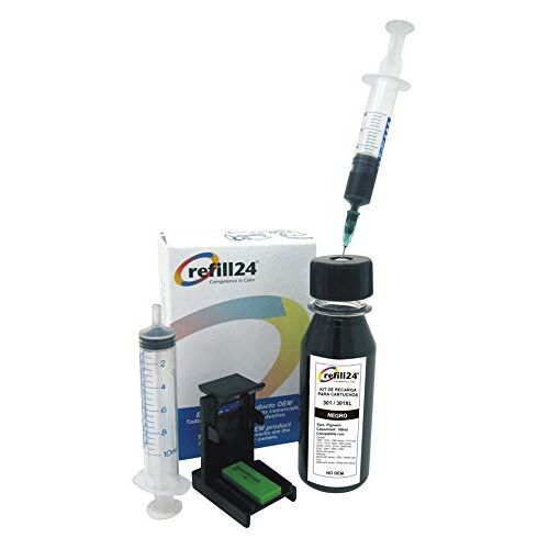 refill24 : Navulset compatibel met inktpatronen HP 301/301 XL inktpatronen met clip en accessoires, zwart+100ml