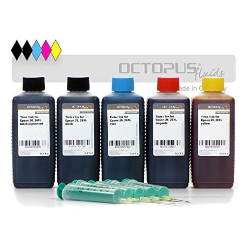 Octopus 5x 1 liter navulbare inkt compatibel voor Epson 26 printercartridges, complete set met 5 kleuren voor Epson Expression Premium XP-510, 520, XP-600, 605, 610, 615, 620, 625, XP-700, 710, 720, 800, XP-810, 820 (geen OEM)