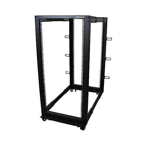 StarTech.com 4-Post 25U Mobiel Open Frame Server Rack, 19" Patchkast met Wielen en 4 Stijlen, Open Serverkast met Verstelbare Diepte voor Computer / AV / Netwerk Apparatuur (4POSTRACK25U)