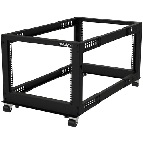 StarTech.com 4-Post 8U Mobiel Open Frame Server Rack, 19" Patchkast met Wielen en 4 Stijlen, Kleine Serverkast met Verstelbare Diepte voor Computer / AV / Netwerk Apparatuur (4POSTRACK8U)