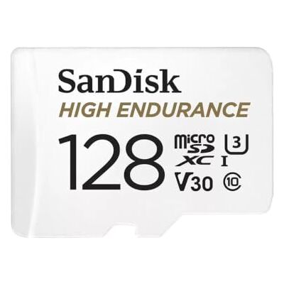 SanDisk HIGH Endurance microSD kaart 128 GB + Adapter UHS-I, V30, 4K UHD, U3, C10, A1, ideaal voor dashcams en beveiligingscamera's voor thuis, tot 10.000 uur aan video SanDisk HIGH Endurance microSD kaart 128 GB + Adapter UHS-I, V30, 4K UHD, U3, C10, A1, ideaal voor dashcams en beveiligingscamera's voor thuis, tot 10.000 uur aan video