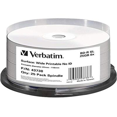 Verbatim BD-R Single Layer Blu-Ray-schijf 25 GB, 6x brandsnelheid, bedrukbaar, 25 Pack Spindle Verbatim BD-R Single Layer Blu-Ray-schijf 25 GB, 6x brandsnelheid, bedrukbaar, 25 Pack Spindle