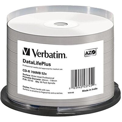 Verbatim CD-R 700MB 52x brandsnelheid, bedrukbaar, DataLifePlus, 50 Pack Spindle Verbatim CD-R 700MB 52x brandsnelheid, bedrukbaar, DataLifePlus, 50 Pack Spindle