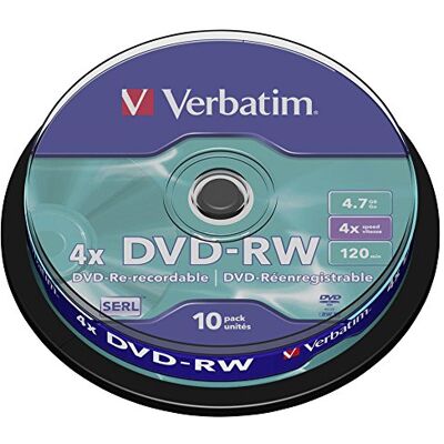 Verbatim 2330530 DVD RW 4,7 GB 4x brandsnelheid, lange levensduur, krasbescherming, 10 Pack Spindle, meerkleurig Herbeschrijfbare DVD-RW 4,7 GB met hardcoat Scratch Guard en 4x brandsnelheid in verpakking van 10 stuks Verbatim 2330530 DVD RW 4,7 GB 4x brandsnelheid, lange levensduur, krasbescherming, 10 Pack Spindle, meerkleurig Herbeschrijfbare DVD-RW 4,7 GB met hardcoat Scratch Guard en 4x brandsnelheid in verpakking van 10 stuks