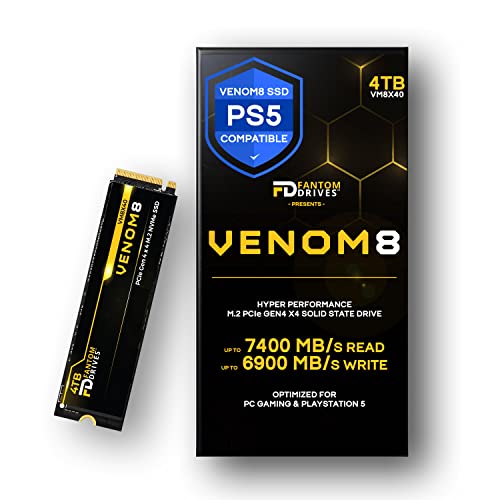 Fantom Drives VENOM8 4TB M.2 SSD Tot 7400 MB/s NVMe Gen 4 M.2 SSD PS5, Gaming SSD voor pc, laptop, videobewerking 3D NAND TLC Interne NVMe SSD (VM8X40)