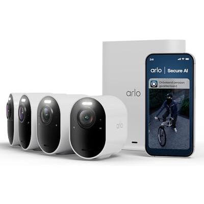 Arlo Ultra 3 draadloze WiFi beveiligingscamera buiten, 4K UHD, 180° kijkhoek, AI-detectie, auto-tracking, kleurennachtzicht, 2-weg-audio, lokale opslag, Secure proefperiode, 4 cam met SmartHub Arlo Ultra 3 draadloze WiFi beveiligingscamera buiten, 4K UHD, 180° kijkhoek, AI-detectie, auto-tracking, kleurennachtzicht, 2-weg-audio, lokale opslag, Secure proefperiode, 4 cam met SmartHub
