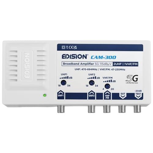 Edision CAM-300 TV-antenneversterker, breedband, 2UHF, 1VHF/FM, 18-34db verstelbaar, 115dBmV, voor digitaal terrestrisch DVB-T/T2, met 5G LTE filter, UHF 470-694 MHz, VHF/FM 47-230MHz