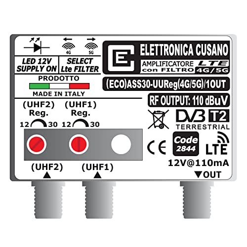 Elettronica Cusano (ECO) ASS30-UReg(4G/5G) / 1OUT TV-antenneversterker met 4G/5G, antenneversterker met 2 UHF-ingangen 30dB, antenneversterker voor DVB-T2, Made in Italy