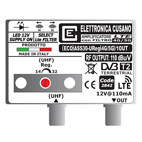 Elettronica Cusano (ECO) ASS30-UReg(4G/5G) / 1OUT TV-antenneversterker met LTE-filter, keuze uit 4G/5G, versterker, UHF 30dB (instelbaar), antenneversterker voor DVB-T2, Made in Italy