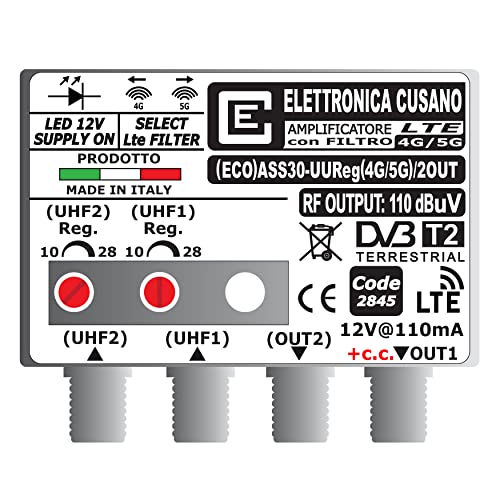 Elettronica Cusano (ECO) ASS30-UReg(4G/5G) / 2OUT TV-antenneversterker met LTE-filter, keuze uit 4G/5G, antenneversterker 2 UHF-ingangen 28dB (instelbaar), DVB-T2 antenneversterker