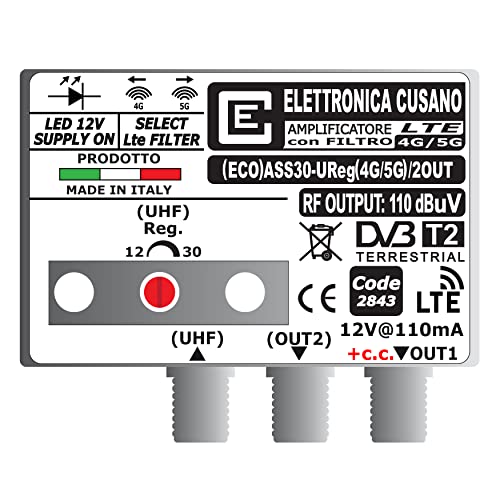 Elettronica Cusano (ECO) ASS30-UReg(4G/5G) / 2OUT TV-antenneversterker met LTE-filter, keuze uit 4G/5G, versterker, UHF 30dB (instelbaar), antenneversterker voor DVB-T2, 2 uitgangen