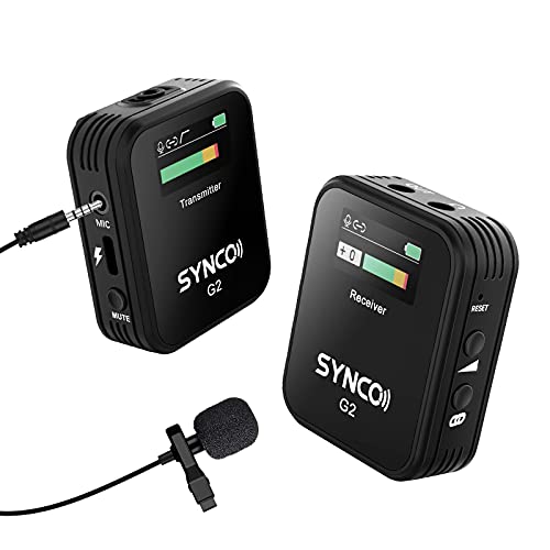 Synco lavalier draadloze microfoon-draadloze clip-on microfoon-draadloos G2 (A1), TFT-scherm, 2,4 GHz microfoonsysteem, audiobewaking, versterkingsregeling, tot 70 m voor camera smartphone laptop DSLR-camcorder