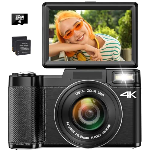 Toiauaha 4K Digitale Camera voor Fotografie, Autofocus 48MP Vlogging Camera voor YouTube met 16X Digitale Zoom Macro Camera, 3''180°Flip Screen Compacte Videocamera met Liftable Flash, SD-kaart & 2 Batterijen