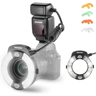 NEEWER RF1-N 76Ws macro-ringflitser voor Nikon-camera, 1-1/128 vermogen, GN15, 5600K, TTL-flitser met synchronisatie voor voor-/achtergordijn, kleurfilters en lensadapters voor macrofotografie NEEWER RF1-N 76Ws macro-ringflitser voor Nikon-camera, 1-1/128 vermogen, GN15, 5600K, TTL-flitser met synchronisatie voor voor-/achtergordijn, kleurfilters en lensadapters voor macrofotografie