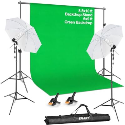 EMART Fotografie Achtergrond Continue Paraplu Studio Verlichting Kit, Mousseline Chromakey Groen Scherm en Achtergrond Stand Ondersteuning Systeem voor Foto Video Shoot EMART Fotografie Achtergrond Continue Paraplu Studio Verlichting Kit, Mousseline Chromakey Groen Scherm en Achtergrond Stand Ondersteuning Systeem voor Foto Video Shoot
