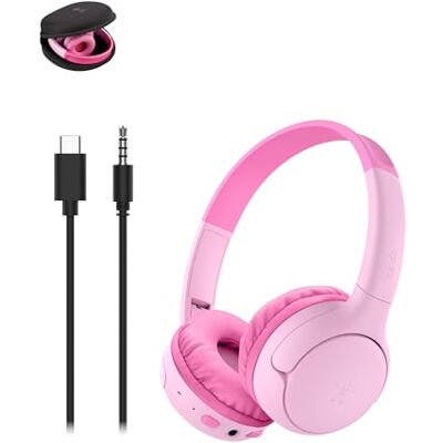 Belkin SoundForm Mini 2 Draadloze Koptelefoon voor Kinderen, On-Ear Bluetooth Headset met microfoon en opberghoes, 55 uur Gebruikstijd, Volume begrensd op 85 dB, voor iPhone/iPad/Tablet/Galaxy Roze Belkin SoundForm Mini 2 Draadloze Koptelefoon voor Kinderen, On-Ear Bluetooth Headset met microfoon en opberghoes, 55 uur Gebruikstijd, Volume begrensd op 85 dB, voor iPhone/iPad/Tablet/Galaxy Roze