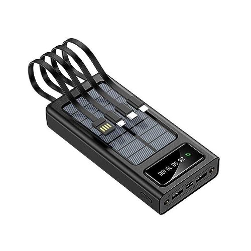 O·Lankeji PowerbankLarge mA met 4 kabels, zonne-energie bank USB-C 3A snel opladen 5 uitgangen 3 ingangen voor mobiele telefoon laptop, waterdichte zonne-oplader met zaklamp (SOS) (20000MAH, zwart)