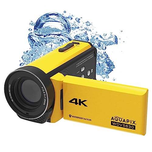 Easypix WDV5630 watercamcorder, geel – waterdicht tot 5 m; video tot 4 K; foto's tot 56 MP resolutie; 18 x digitale zoom; 13 MP sensor.