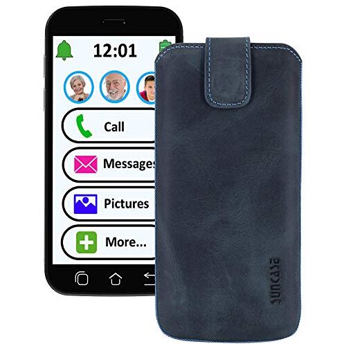 Suncase ECHT lederen etui * Slim-Edition* voor Swissvoice G50 lederen hoes mobiele telefoon tas (met retraite functie en magneetsluiting) Pebble-Blue