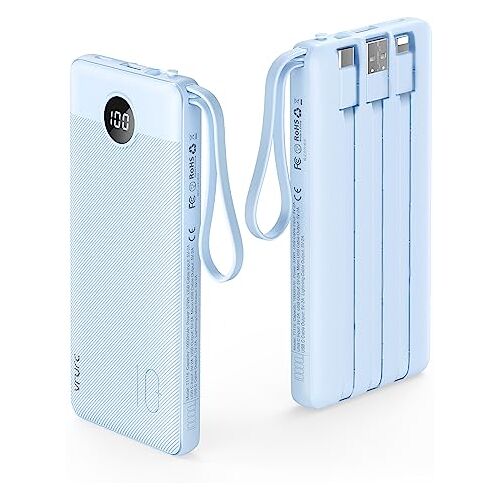 VRURC Powerbank met kabel 10000mAh Power bank Draagbare oplader USB C Externe mobiele telefoonbatterijen LED display met 5 output 2 input Externe batterij Compatibel met iPhone Samsung (blauw)