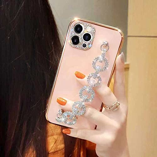 LIUJUNH Luxe Lens Beschermende Glitter Diamant Pols Chain Soft Phone Case Voor iPhone 13 12 11 Pro Max 7 8 Plus X XR XS SE 2 Cover, Roze, voor iPhone 7