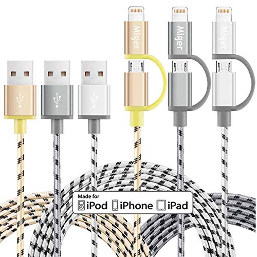 Miger Micro USB Kabel, 2 in 1 Universele Laadkabel Micro USB Oplaadkabel met USB Lightning-Kabel [2m,3Stuks] 2.4A Snellaadkabel Nylon USB Datakabel voor Smartphone/Tablet/PS4 Controller/Android Auto