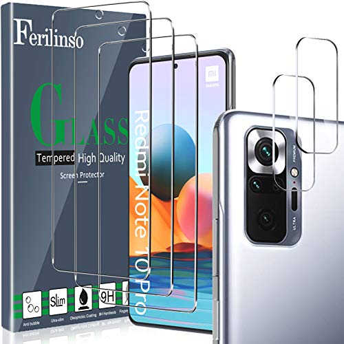 Ferilinso [5 stuks] pantserbescherming glas + 2 stuks camerabescherming glas displaypantserbescherming glas voor Xiaomi Redmi Note 10 Pro/Note 10 Pro Max [compatibel met telefoonhoesje]