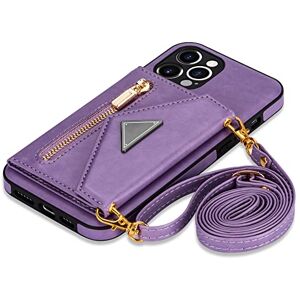 ZUNGLY Voor IPhone 13 12 Mini 11 X XR XS Pro Max 7 8 Plus Case met Kaarthouder Lanyard Strap Crossbody Leather Cover, violet, Voor iPhone 11 Pro