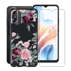 HGJTFANY Hoesje + Gehard Glas Beschermer voor Oppo A38 (6.56"), Ultra Dunne Zwarte Zachte Siliconen Telefoon Hoesje TPU Schokbestendig Hoesje voor Oppo A38 Rode Roos