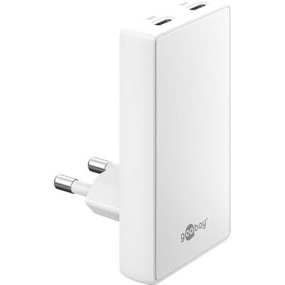 goobay 45 W platte GaN USB C-oplader, dual-port (2 x USB-C) snellader 90° plat design, ultraplat en ruimtebesparend, voor Apple, Samsung, Huawei, tablets & etc., wit 75722 goobay 45 W platte GaN USB C-oplader, dual-port (2 x USB-C) snellader 90° plat design, ultraplat en ruimtebesparend, voor Apple, Samsung, Huawei, tablets & etc., wit 75722