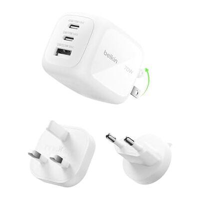 Belkin 3-Poorts USB C Oplader, 70W GaN Charger, US/UK/EU-Stekkers, 1x USB-A, voor het snel opladen van o.a. MacBook, iPhone, iPad Pro, AirPods, Samsung Galaxy, Google Pixel- Wit Belkin 3-Poorts USB C Oplader, 70W GaN Charger, US/UK/EU-Stekkers, 1x USB-A, voor het snel opladen van o.a. MacBook, iPhone, iPad Pro, AirPods, Samsung Galaxy, Google Pixel- Wit