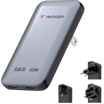 Verbatim Essentials Slim GaN oplader 65W, 2X USB-C, reisadapter, grijs Incl. US stekker en EU & UK adapter voor reizen, slank ontwerp, compatibel met iPhone 17, Galaxy S26, Pixel 10 enz. Verbatim Essentials Slim GaN oplader 65W, 2X USB-C, reisadapter, grijs Incl. US stekker en EU & UK adapter voor reizen, slank ontwerp, compatibel met iPhone 17, Galaxy S26, Pixel 10 enz.