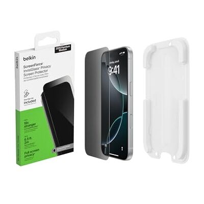 Belkin ScreenForce InvisiGlass Privacy Screenprotector iPhone 17 Pro, Krasbestendig, Stoot- en Valbescherming, met Easy Align-Frame voor Bevestiging Zonder Luchtbellen, 9H Gehard Gerecycled Glas Belkin ScreenForce InvisiGlass Privacy Screenprotector iPhone 17 Pro, Krasbestendig, Stoot- en Valbescherming, met Easy Align-Frame voor Bevestiging Zonder Luchtbellen, 9H Gehard Gerecycled Glas