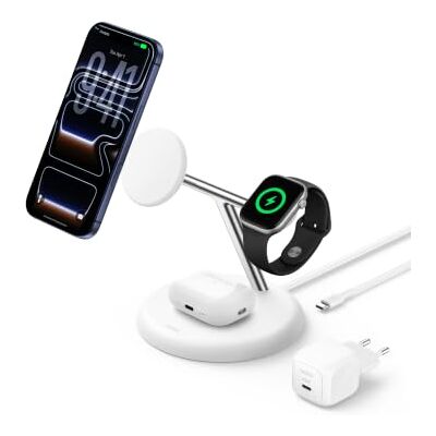 Belkin UltraCharge 3-in-1 Draadloze Oplader 25W, Qi2.2 Magnetisch Laadstation, MagSafe Compatible voor iPhone 17, Apple Watch, Pixelsnap, Galaxy S26 Ultra (Inclusief 45W Adapter) Wit Belkin UltraCharge 3-in-1 Draadloze Oplader 25W, Qi2.2 Magnetisch Laadstation, MagSafe Compatible voor iPhone 17, Apple Watch, Pixelsnap, Galaxy S26 Ultra (Inclusief 45W Adapter) Wit