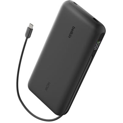 Belkin UltraCharge Pro Power Bank 25000mAh Snellader voor Laptop Zwart Powerbank 25.000mAh,, 1 USB-A en 1 USB-C Poort + Geïntegreerde Kabel, 158W Power Delivery, Vooraf Opgeladen, Digitaal Display Belkin UltraCharge Pro Power Bank 25000mAh Snellader voor Laptop Zwart Powerbank 25.000mAh,, 1 USB-A en 1 USB-C Poort + Geïntegreerde Kabel, 158W Power Delivery, Vooraf Opgeladen, Digitaal Display