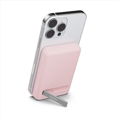 Belkin magnetische 5.000mAh-powerbank, draagbare oplader, compatibel met MagSafe, passthrough opladen, 7,5 W output, 10 W input, uitklapbare standaard, compatibel met iPhone 16- en 15-serie – roze Belkin magnetische 5.000mAh-powerbank, draagbare oplader, compatibel met MagSafe, passthrough opladen, 7,5 W output, 10 W input, uitklapbare standaard, compatibel met iPhone 16- en 15-serie – roze