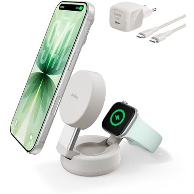 Belkin UltraCharge MagSafe Oplader, 2-in-1 Draadloos Laadstation, Qi2.2 25W Verstelbare Magnetische Draadloze Oplader iPhone 17, Apple Watch Series 10, Pixelsnap, etc. (Inclusief 45W Adapter) Zand Belkin UltraCharge MagSafe Oplader, 2-in-1 Draadloos Laadstation, Qi2.2 25W Verstelbare Magnetische Draadloze Oplader iPhone 17, Apple Watch Series 10, Pixelsnap, etc. (Inclusief 45W Adapter) Zand