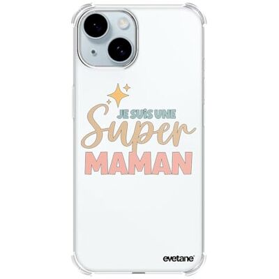 Evetane Siliconen beschermhoes compatibel met iPhone 15, zachte en versterkte bescherming, schokbestendige hoeken, dun en transparant, achterkant van het hoesje, ik ben een super mama Evetane Siliconen beschermhoes compatibel met iPhone 15, zachte en versterkte bescherming, schokbestendige hoeken, dun en transparant, achterkant van het hoesje, ik ben een super mama