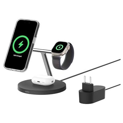 Belkin BoostCharge 3-in-1 Qi2-lader, MagSafe compatible draadloos laadstation, Qi2 draadloze oplader voor Apple iPhone 16-serie, Apple Watch, AirPods, met antislip voet, met voedingsadapter Zwart Belkin BoostCharge 3-in-1 Qi2-lader, MagSafe compatible draadloos laadstation, Qi2 draadloze oplader voor Apple iPhone 16-serie, Apple Watch, AirPods, met antislip voet, met voedingsadapter Zwart