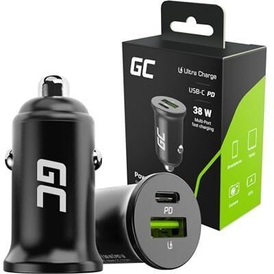 Green Cell Autolader 38 W met 2 Poorten, USB-C PD en USB-A, Snelladen 38 W-Autolader met USB-C Power Delivery en USB-A om Twee Apparaten Tegelijk op te Laden;, voor Smartphones, Gps en Tablets Green Cell Autolader 38 W met 2 Poorten, USB-C PD en USB-A, Snelladen 38 W-Autolader met USB-C Power Delivery en USB-A om Twee Apparaten Tegelijk op te Laden;, voor Smartphones, Gps en Tablets