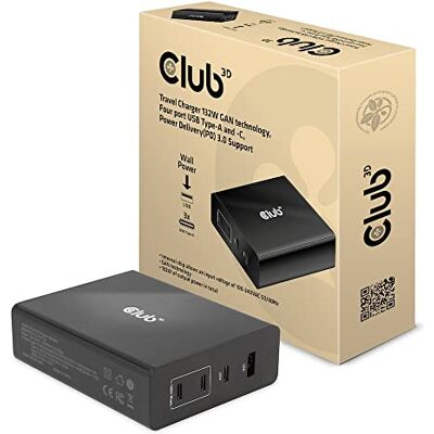 Club 3D Reislader CAC-1906 132W GAN-technologie, USB Type-A en -C met vier aansluitingen, Power Delivery (PD) 3.0-ondersteuning Club 3D Reislader CAC-1906 132W GAN-technologie, USB Type-A en -C met vier aansluitingen, Power Delivery (PD) 3.0-ondersteuning