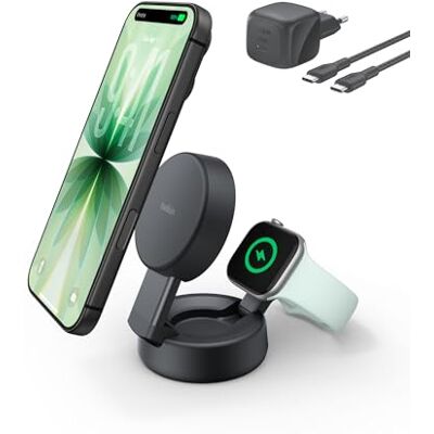 Belkin UltraCharge MagSafe Oplader, 2-in-1 Draadloos Laadstation, Qi2.2 25W Verstelbare Magnetische Draadloze Oplader iPhone 17, Apple Watch Series 10, Pixelsnap, etc. (Inclusief 45W Adapter) Zwart Belkin UltraCharge MagSafe Oplader, 2-in-1 Draadloos Laadstation, Qi2.2 25W Verstelbare Magnetische Draadloze Oplader iPhone 17, Apple Watch Series 10, Pixelsnap, etc. (Inclusief 45W Adapter) Zwart