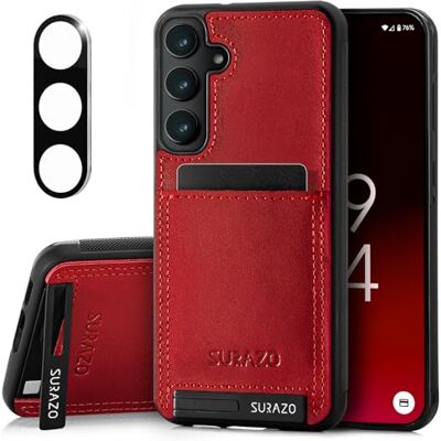 SURAZO Leren hoes voor Samsung Galaxy S25 Plus, hoes met camerabescherming, echt lederen achterkant, telefoonhoes met kaartenvak, standfunctie, sleutelring, stootvast, leren beschermhoes, rood SURAZO Leren hoes voor Samsung Galaxy S25 Plus, hoes met camerabescherming, echt lederen achterkant, telefoonhoes met kaartenvak, standfunctie, sleutelring, stootvast, leren beschermhoes, rood