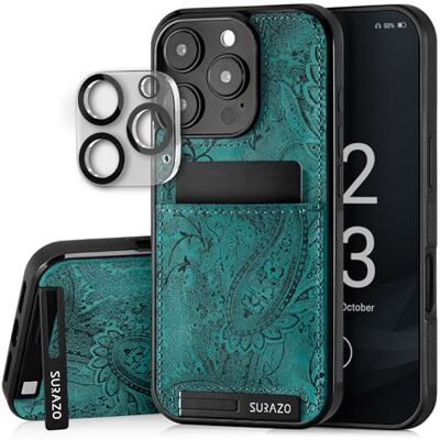 SURAZO Echt leren achterhoes voor Apple iPhone 16 Pro Max, stootvast leren telefoonhoes, camerabescherming, glas, kaartvak, standfunctie, sleutelhanger, bumper achterkant, beschermhoes, bloemen SURAZO Echt leren achterhoes voor Apple iPhone 16 Pro Max, stootvast leren telefoonhoes, camerabescherming, glas, kaartvak, standfunctie, sleutelhanger, bumper achterkant, beschermhoes, bloemen