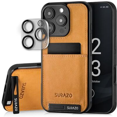 SURAZO Echt leren achterhoes voor Apple iPhone 16 Pro Max, stootvast leren telefoonhoesje, camerabescherming, glas, kaartvak, standfunctie, sleutelhangertje, bumper, beschermhoes, geel SURAZO Echt leren achterhoes voor Apple iPhone 16 Pro Max, stootvast leren telefoonhoesje, camerabescherming, glas, kaartvak, standfunctie, sleutelhangertje, bumper, beschermhoes, geel