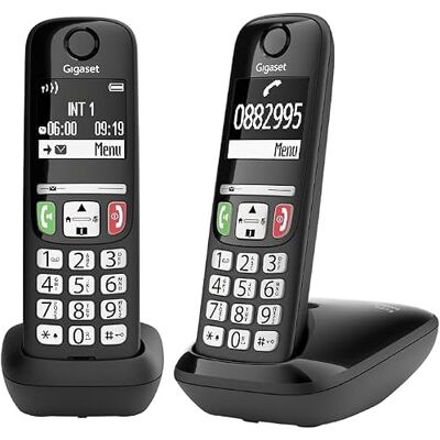 Siemens E275 Duo draadloze DECT-telefoon, grote toetsen, zwart Eenvoudig te bedienen toetsenbord, compatibel met hoofdtelefoon, verlicht grafisch display, Spaanse versie Siemens E275 Duo draadloze DECT-telefoon, grote toetsen, zwart Eenvoudig te bedienen toetsenbord, compatibel met hoofdtelefoon, verlicht grafisch display, Spaanse versie