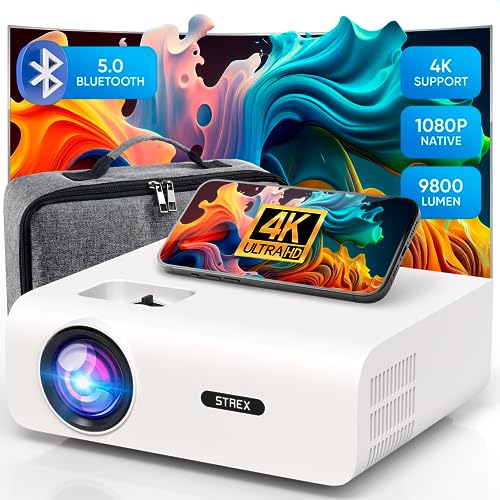 Strex Beamer 1080P Full HD 9800 Lumen Draadloos Streamen Inclusief Tas/Projectiescherm WiFi Bluetooth Mini Beamer Projector