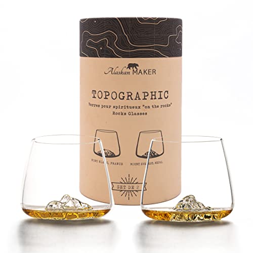 Alaskan MAKER Set van 2 Whisky- of Spirits-glazen TOPOGRAPHIC I EVEREST & Mt BLANC I Quality Crystalline-glas Superieur mondgeblazen met bergen in reliëf I 350ml Tulip proefglas