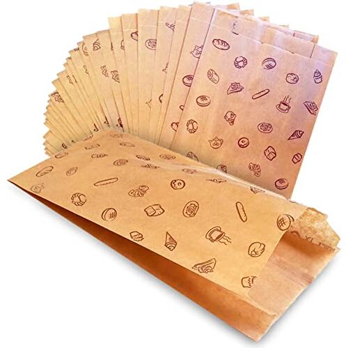 Buabi 100 stuks bruine zakjes van kraftpapier, zonder handvat, met opdruk van brood, brood, sandwich, koekjes, fruit, noten, snacks, lunch, 20 x 12 cm, 100 stuks